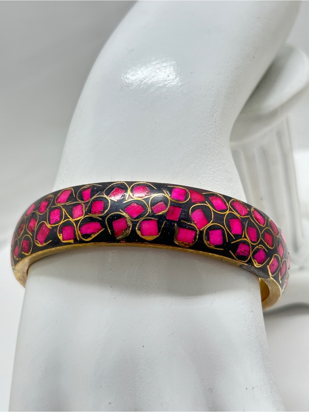 Vintage Gold, Black And Hot Pink Polka DotCloisonné Bangle Bracelet,  Quality